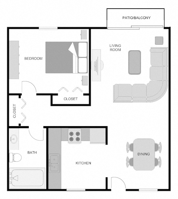 Floor plan for 1 bed, 1 bath, 644 sqft